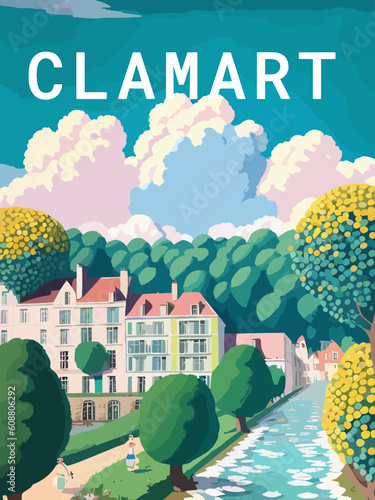 Clamart: Retro tourism poster with a French landscape and the headline Clamart / Île-de-France