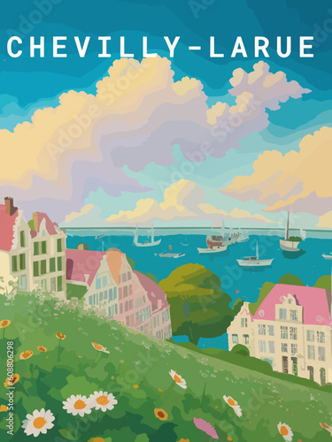 Chevilly-Larue: Retro tourism poster with a French landscape and the headline Chevilly-Larue / Île-de-France