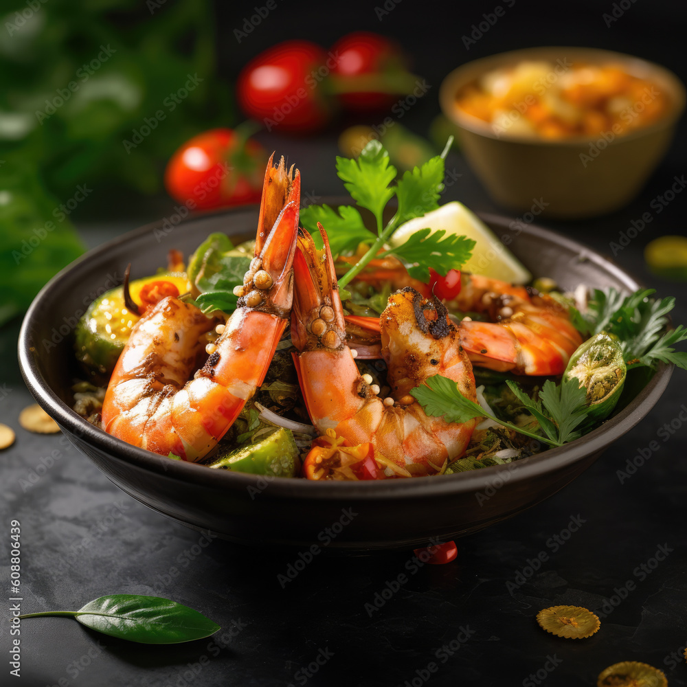 shrimp grilled delicious seasoning spices on wooden cutting board background appetizing cooked shrimps baked prawns , Seafood shelfish with rosemary lemon and lettuce