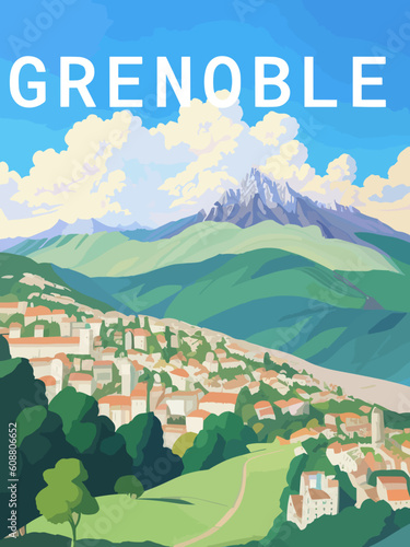 Grenoble: Retro tourism poster with a French landscape and the headline Grenoble / Auvergne-Rhône-Alpes photo