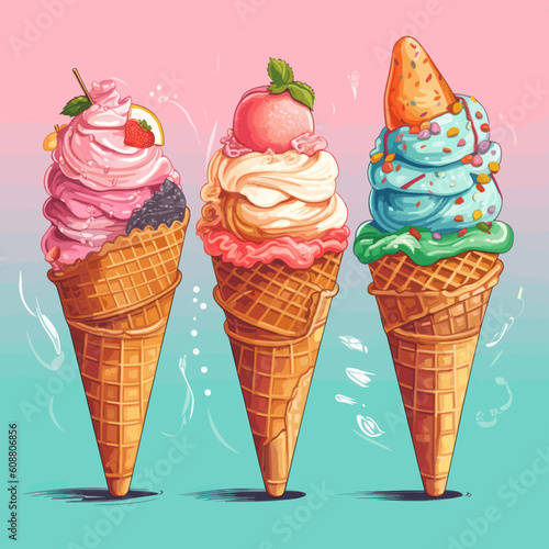 Colorful ice cream in waffle cones. Vector cartoon illustration.