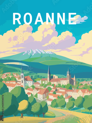 Roanne: Retro tourism poster with a French landscape and the headline Roanne / Auvergne-Rhône-Alpes