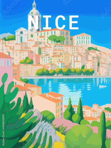 Nice: Retro tourism poster with a French landscape and the headline Nice / Provence-Alpes-Côte d’Azur