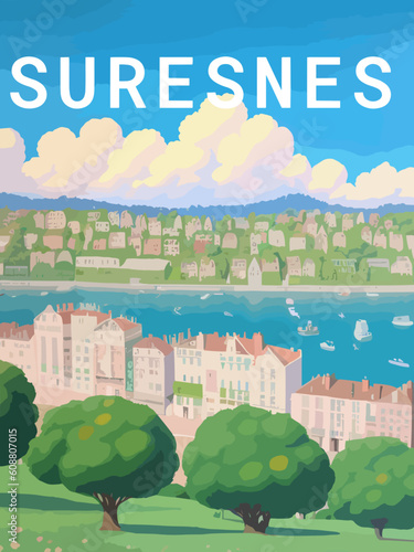 Suresnes: Retro tourism poster with a French landscape and the headline Suresnes / Île-de-France