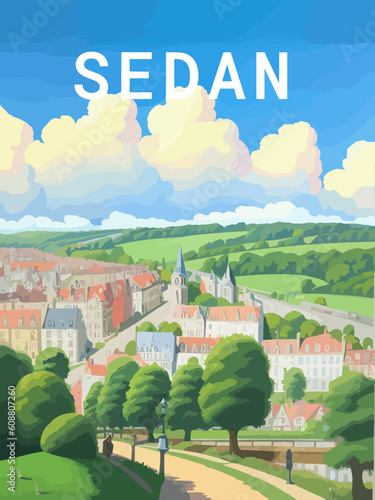 Sedan: Retro tourism poster with a French landscape and the headline Sedan / Grand Est