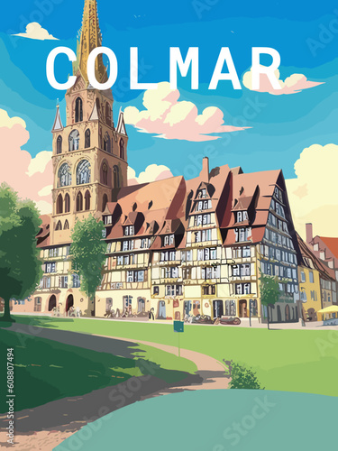 Colmar: Retro tourism poster with a French landscape and the headline Colmar / Grand Est