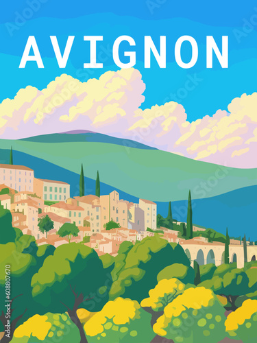 Avignon: Retro tourism poster with a French landscape and the headline Avignon / Provence-Alpes-Côte d’Azur