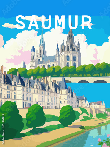 Saumur: Retro tourism poster with a French landscape and the headline Saumur / Pays de la Loire