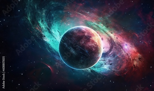  a colorful space scene with a planet in the middle of the image. generative ai