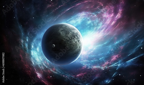  a space scene with a planet in the center of the image. generative ai