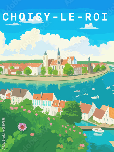 Choisy-le-Roi: Retro tourism poster with a French landscape and the headline Choisy-le-Roi / Île-de-France