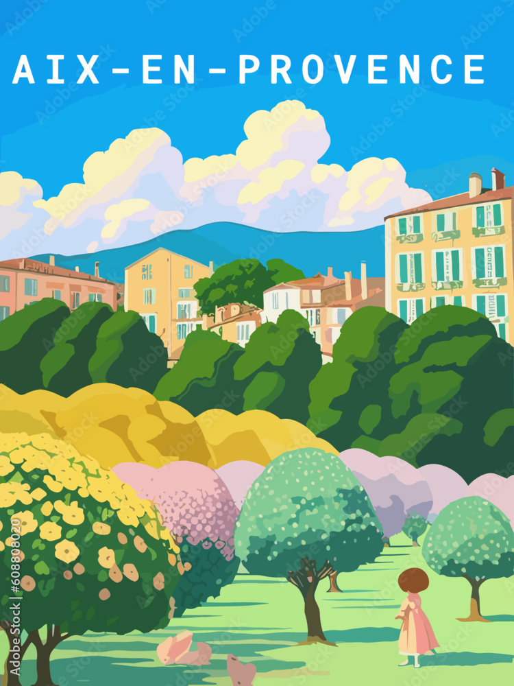 Wall Mural Aix-en-Provence: Retro tourism poster with a French landscape and the headline A