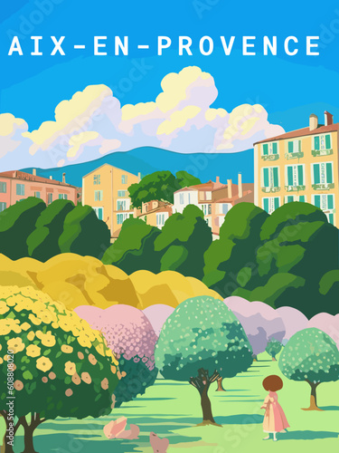 Aix-en-Provence: Retro tourism poster with a French landscape and the headline Aix-en-Provence / Provence-Alpes-Côte d’Azur