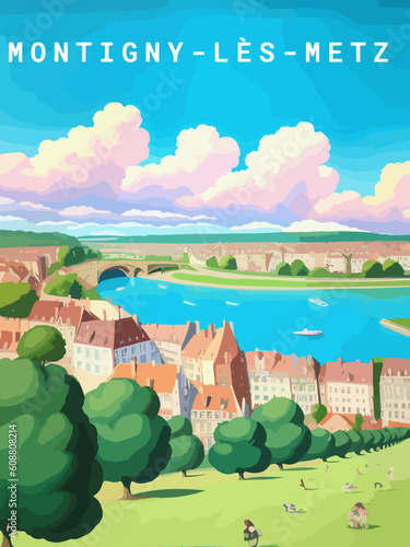 Montigny-lès-Metz: Retro tourism poster with a French landscape and the headline Montigny-lès-Metz / Grand Est