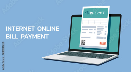 online payment with internet bill on laptop computer screen, vector flat illustration