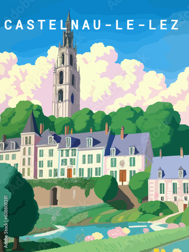 Castelnau-le-Lez: Retro tourism poster with a French landscape and the headline Castelnau-le-Lez / Occitanie