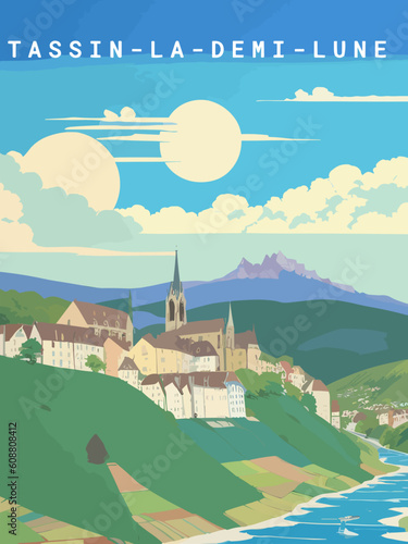 Tassin-la-Demi-Lune: Retro tourism poster with a French landscape and the headline Tassin-la-Demi-Lune / Auvergne-Rhône-Alpes