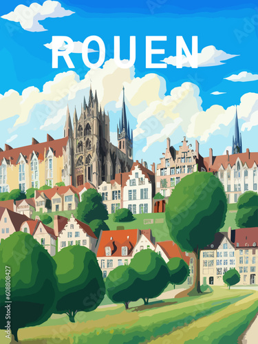 Rouen: Retro tourism poster with a French landscape and the headline Rouen / Normandie