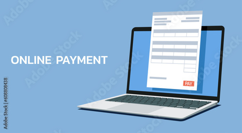 online payment concept on laptop computer with electronic receipt or invoice paper document on screen, vector flat illustration