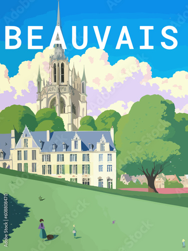 Beauvais: Retro tourism poster with a French landscape and the headline Beauvais / Hauts-de-France