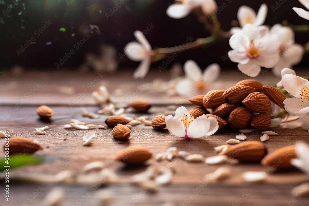 almonds scattered on a wooden surface with a few almond flowers in the background almonds scattered on a wooden surface with a few almond flowers in the background
