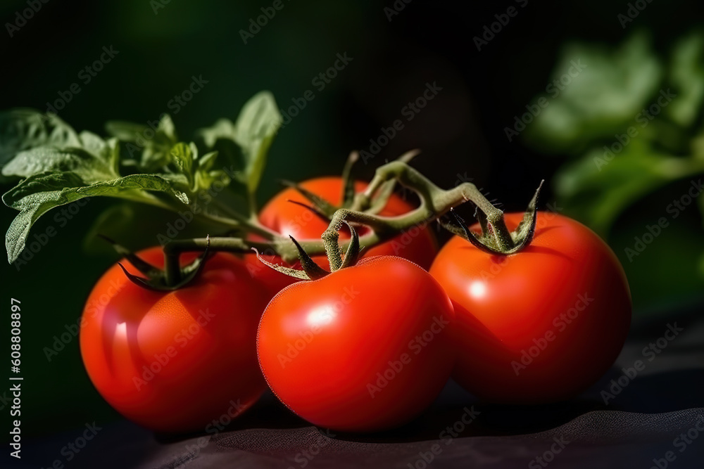 beautiful juicy ripe red tomatoes against the background of green leaves in beautiful lighting, generative ai 