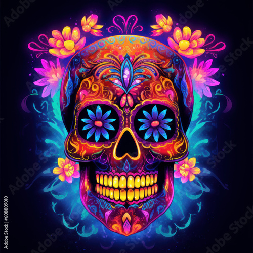 sugar skull  in neon light for Day of the Dead celebrations, created with Generative AI Technology