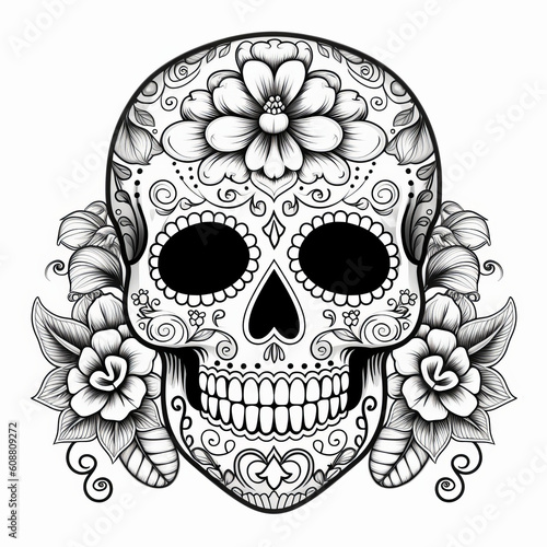 Day of the dead traditional sugar skull, coloring page, Generative AI