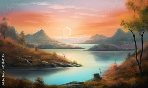  a painting of a sunset over a lake with mountains in the background.  generative ai © Anna