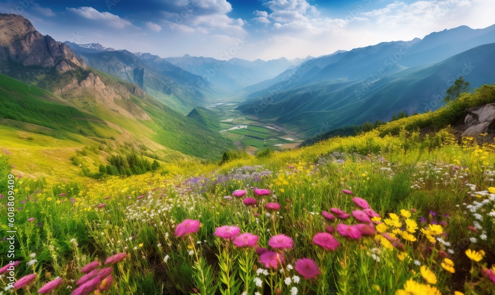 a field of wildflowers in a valley with mountains in the background. generative ai a field of wildflowers in a valley with mountains in the background. generative ai