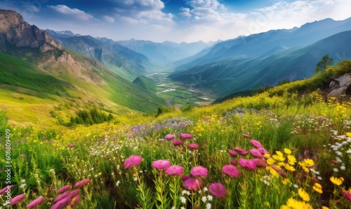  a field of wildflowers in a valley with mountains in the background.  generative ai