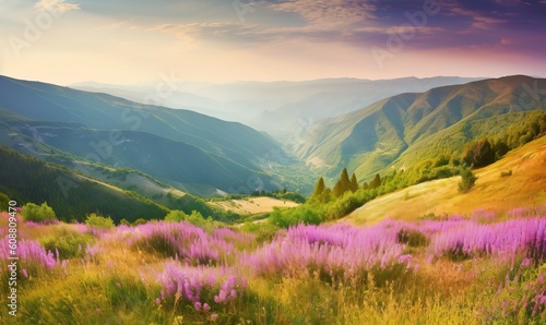  a painting of a valley with mountains in the background and purple flowers in the foreground.  generative ai © Anna