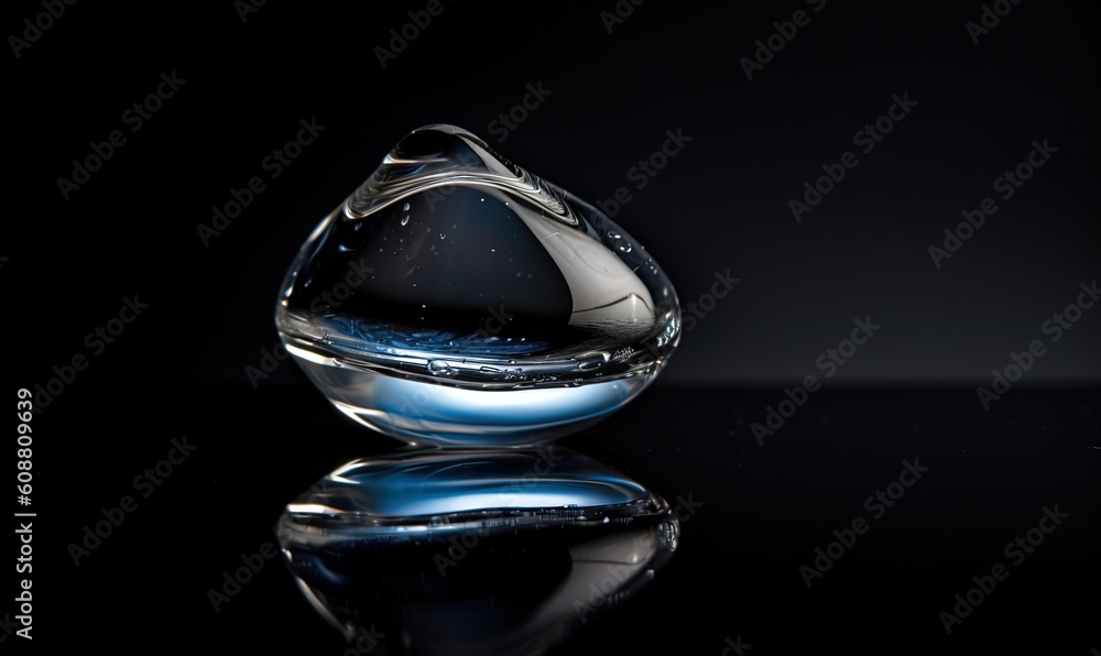 a water droplet with a reflection on a black surface. generative ai a water droplet with a reflection on a black surface. generative ai