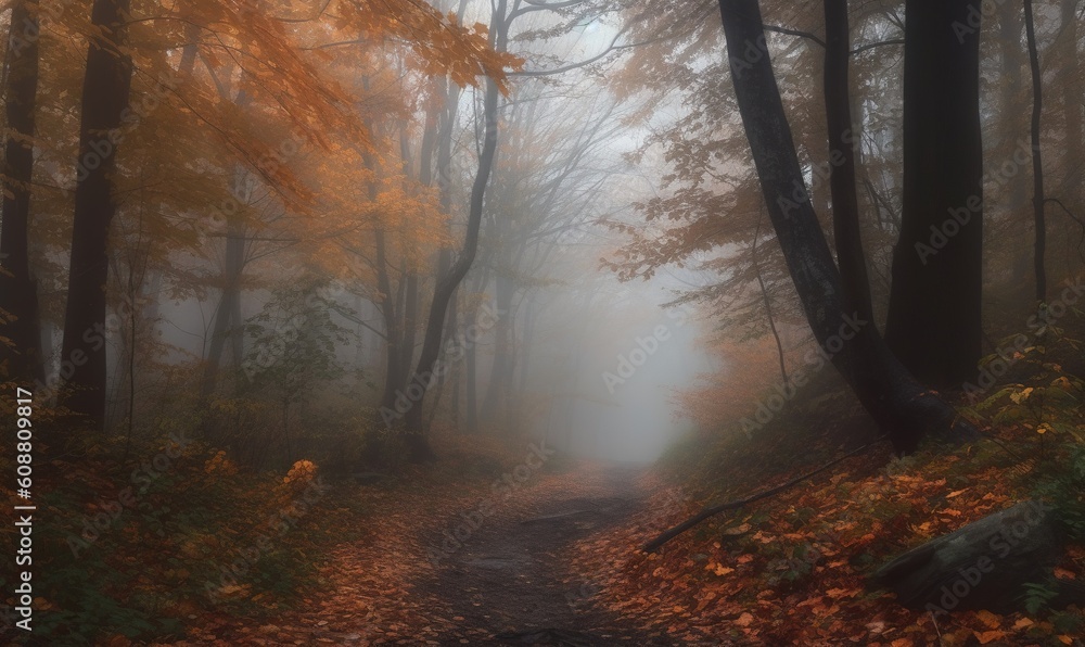  a foggy path in a forest with trees and leaves.  generative ai