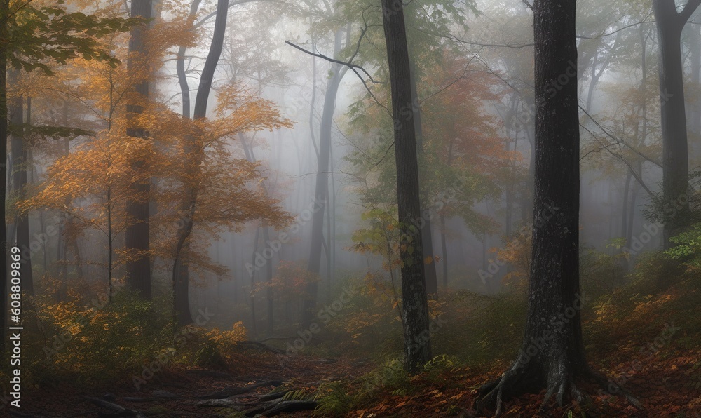  a foggy forest filled with lots of trees and leaves.  generative ai