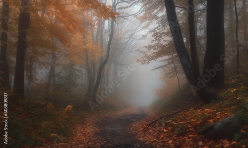  a foggy path in a forest with trees and leaves.  generative ai © Anna