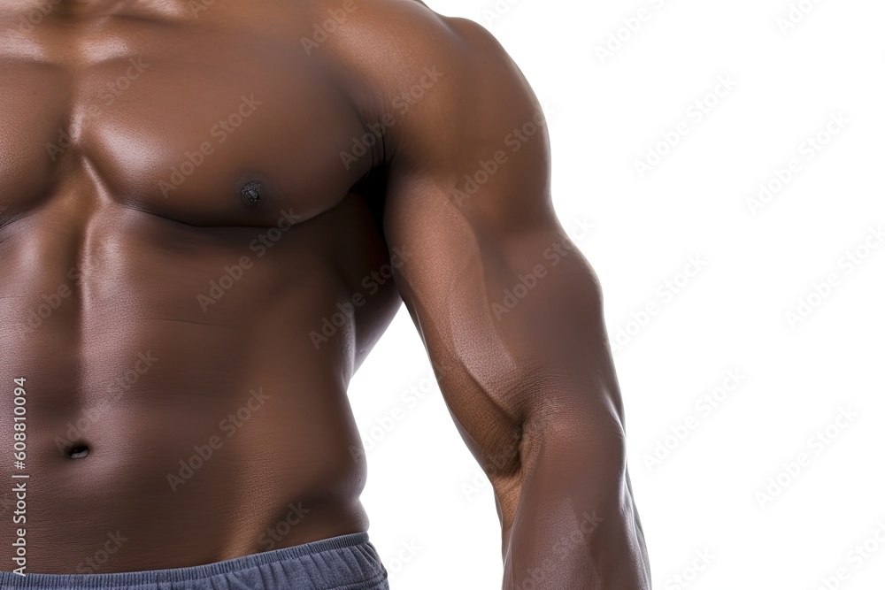 Close-up of a muscular man's torso isolated on white background. Created with Generative AI tools