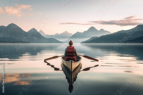Woman in a canoe on the lake with mountains in the background. Created with Generative AI tools © DIGITALSHAPE