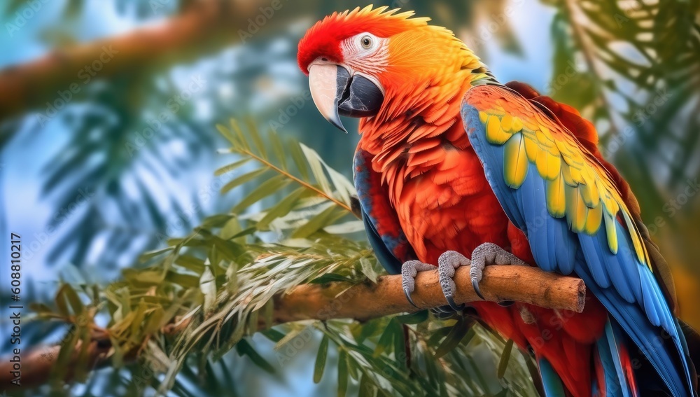 Scarlet macaw sitting on a branch in a tropical forest. Created with Generative AI tools