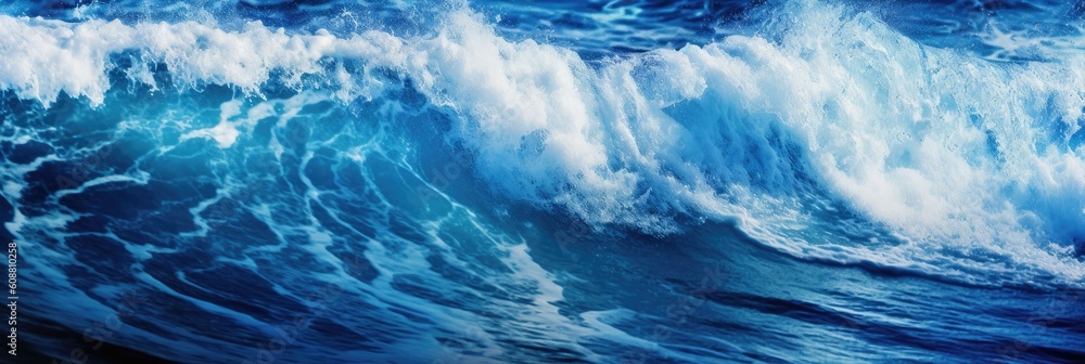 Blue ocean wave close-up background, panoramic banner. Created with Generative AI tools