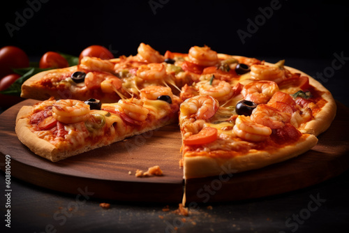 Delicious Italian pizza with seafood on wooden plate, created with Generative AI Technology