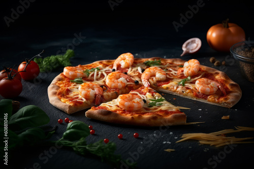 Delicious Italian pizza with seafood on wooden plate, created with Generative AI Technology