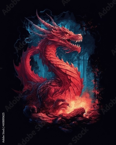 A dark fantasy illustration of a fire-breathing red dragon myth. (Illustration, Generative AI) © HandmadePictures