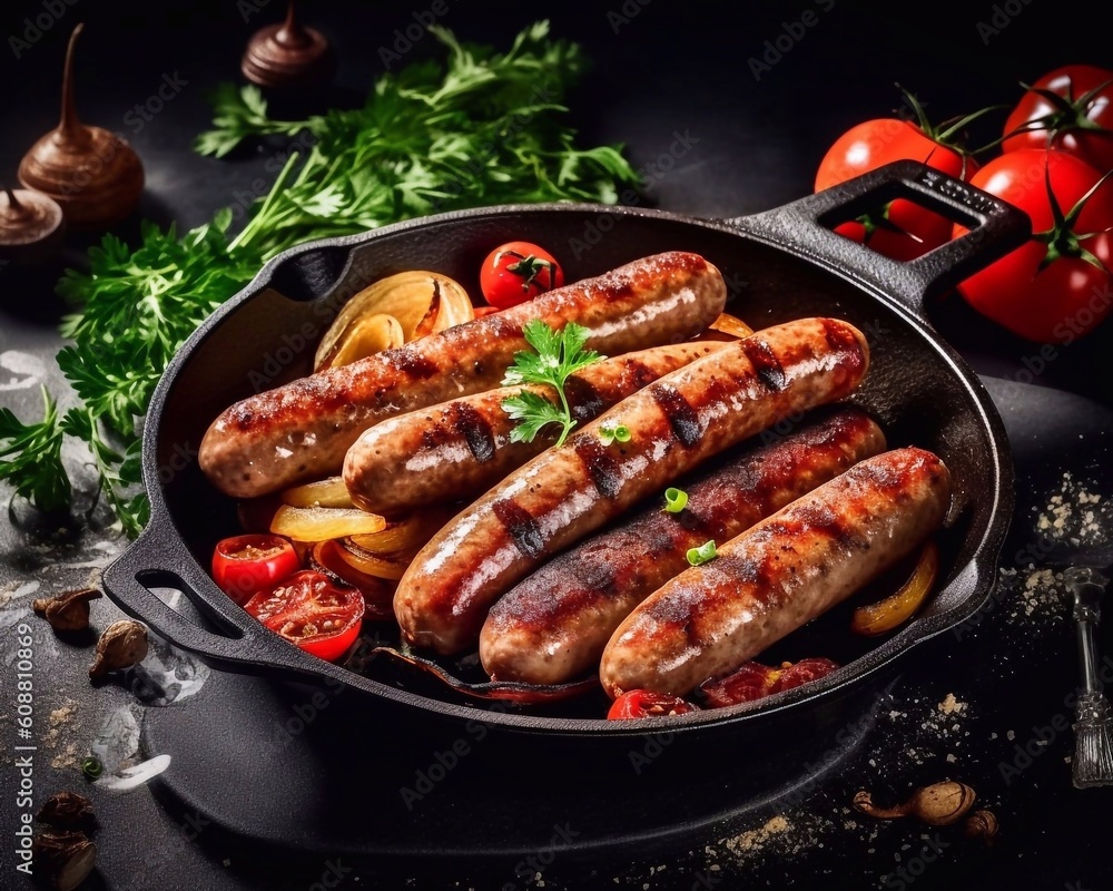 Grilled sausages on iron pan with bread, top view. Dark background. AI generated