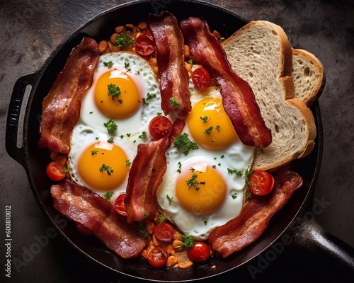 Roasted Bacon, tomatoes and eggs in a pan, breakfast concept. Tasty fried eggs and bacon on wooden table, top view. AI generated