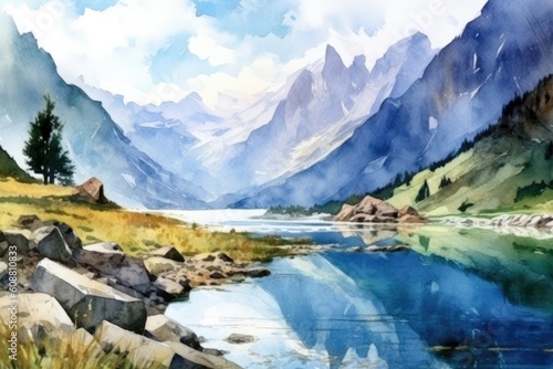 A watercolor masterpiece illustrates the Alps and a beautiful lake.  Illustration  Generative AI 