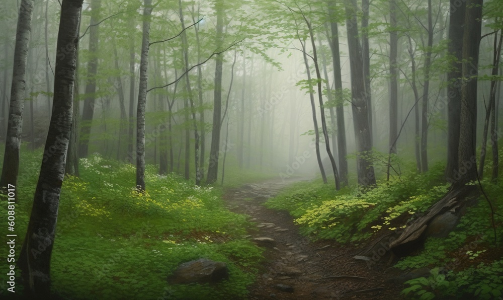 Obraz premium a path in a forest with fog and trees on both sides. generative ai