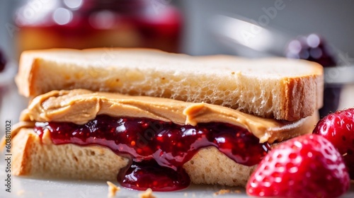 Sweet toasts with penaut butter and jam on wooden table. AI generated photo