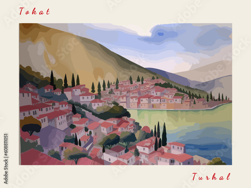 Turhal: Postcard design with a scene in Turkey and the city name Turhal photo