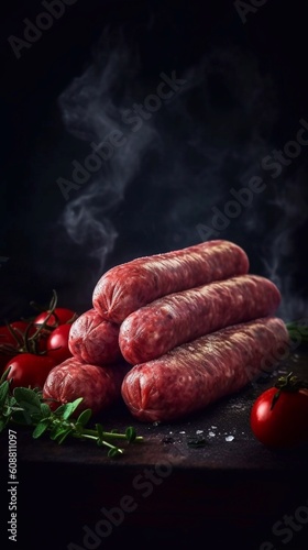 Raw sausages and ingredients for cooking on dark background. Top view. AI generated